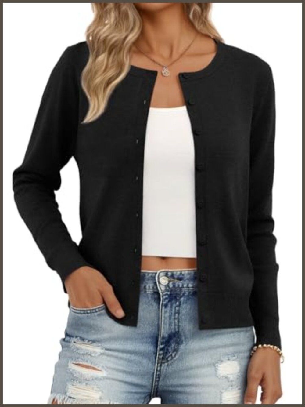 Lightweight Knit Cardigan Button Crew Neck Long Sleeve Cozy Layering Sweater